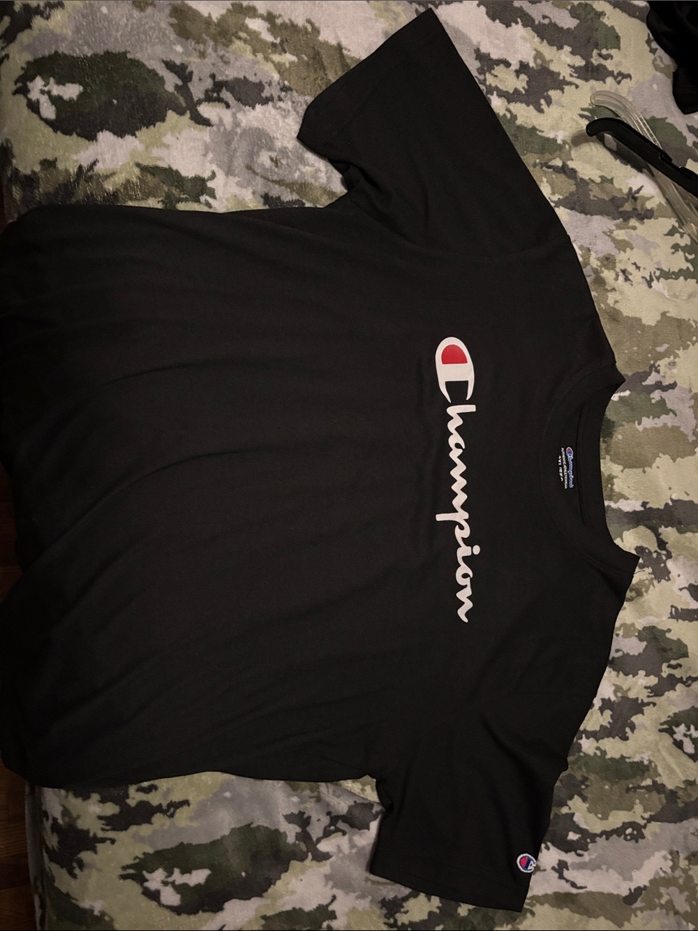 Champion Black T-Shirt with White Script and Red Logo Accent